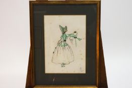 Laurence Irving, Costume design of a girl in a green bonnet, bodycolour and pencil.