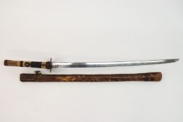 A Japanese sword and leather scabbard,
