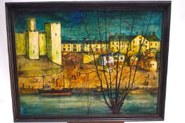 Ron Olley, British Harbour scene with castle, oil on hardboard, signed lower right,