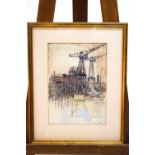 Laurence Irving, Docks, Pencil, watercolour and bodycolour, signed and dated 26 lower right.