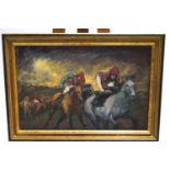 Ron Olley, Horse racing scene with three main jockeys, oil on canvas,