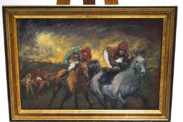 Ron Olley, Horse racing scene with three main jockeys, oil on canvas,