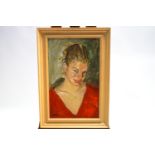 Ron Olley, Portrait of a young lady in a red dress, oil on hardboard, signed lower left,