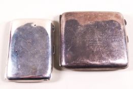 A silver cigarette case with presentation inscription to Sapper W J Tudor and another silver