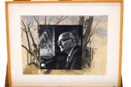 A photograph of Laurence Irving, framed in front of a pen and watercolour sketch, 24.5cm x 34.