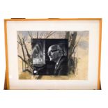 A photograph of Laurence Irving, framed in front of a pen and watercolour sketch, 24.5cm x 34.