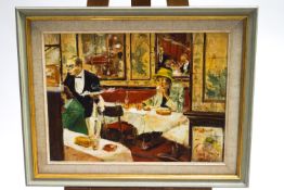 Ron Olley, Cafe scene, based on the portrait in lot 114, oil on board, signed lower right,
