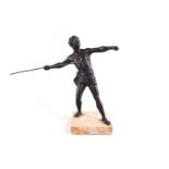 A cast metal figure of a male classical athlete hurling a spear, raised on a marble base,