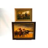 Ron Olley, Group of jockeys passing the finishing post, oil on canvas, signed lower right,