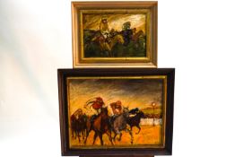 Ron Olley, Group of jockeys passing the finishing post, oil on canvas, signed lower right,