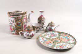 A group of assorted Cantonese famille rose porcelain with vignettes of courtiers,