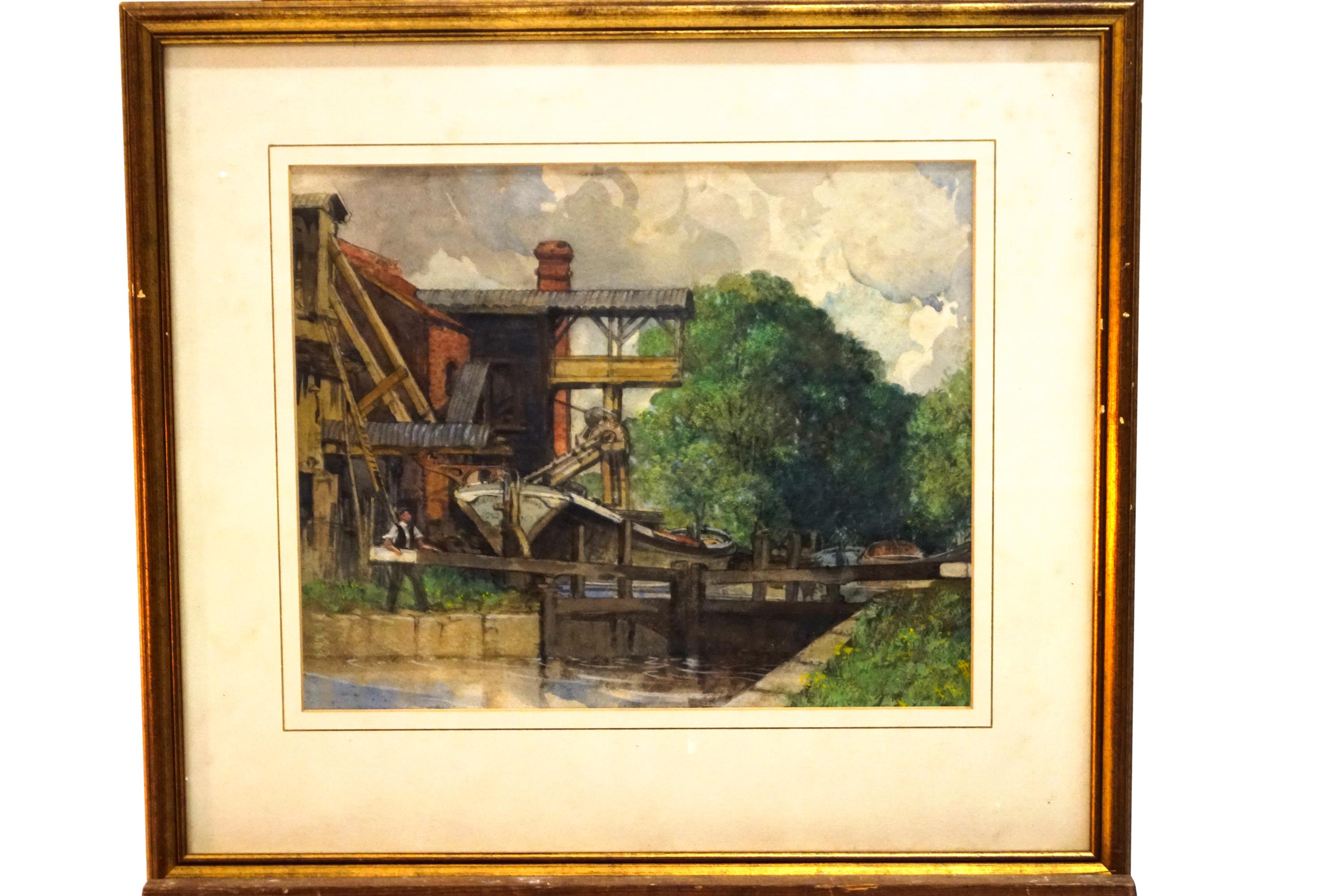 Laurence Irving, Loading by a Canal Lock, pencil and watercolour, 27cm x 33.