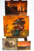 Ron Olley, Escaping the bombing, oil on board, signed lower left,