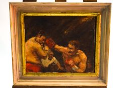 Ron Olley, A boxing match, throwing a punch, oil on canvas on board, signed lower left, 30cm x 36cm,