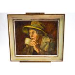 Ron Olley, Portrait of the artist's mother drinking tea, oil on board, signed lower left,