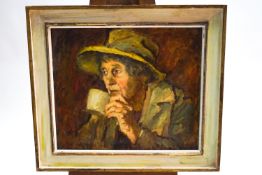 Ron Olley, Portrait of the artist's mother drinking tea, oil on board, signed lower left,