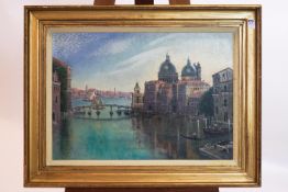 Laurence Irving, Venice, Pontoon Bridge, acrylic on board, signed with monogram lower right.
