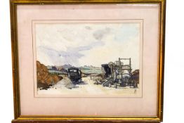 Laurence Irving, The Roadworks, pencil and watercolour, signed with monogram lower right.