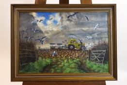 Laurence Irving, Ploughing the field, acrylic on board, signed with monogram lower right.