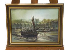 Ted Dyer (b 1940), Boats at low tide, oil on canvas, signed lower left.