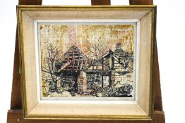 Jenette Obstoy, Ruins of a house, pen and ink and watercolour, signed lower left.