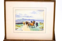 Mabel Amber Kingwell, (1890 - 1924) watercolour, ponies on the moor, signed and dated.