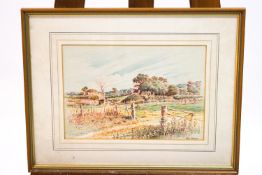Colin Newman, landscape, red pen and ink and watercolour, signed lower right.
