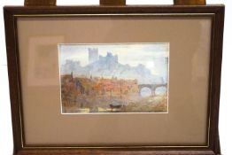 A late 19th/early 20th century English School watercolour of castle ruins above a river.