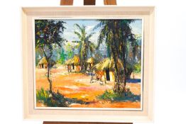 P Yonghat, The African Village, oil on board, signed and dated 63 lower right, 49cm x 58cm.