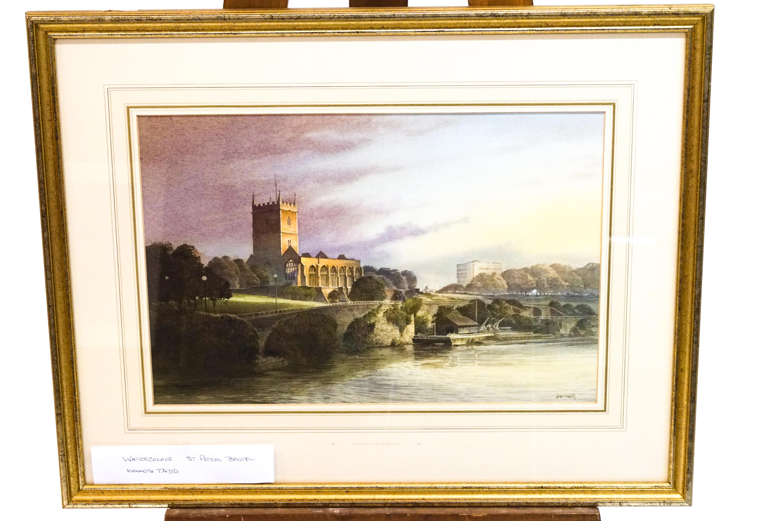 Kenneth Tadd, 'St Peter's In Southlight' , Castle Green Bristol, watercolour, signed lower right.