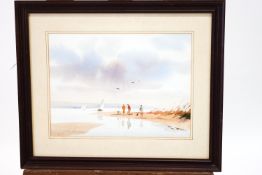 Contemporary English school, watercolour of a beach fishing scene, indistinctly signed lower left.