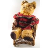 A Teddy bear on a wicker chair wearing a knitted jumper,