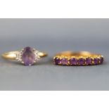 A yellow metal amethyst and diamond dress ring together with a yellow metal half hoop amethyst ring.