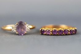 A yellow metal amethyst and diamond dress ring together with a yellow metal half hoop amethyst ring.