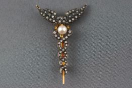 A yellow and white metal brooch set with a single cultured pearl and single cut diamonds.