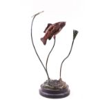 Geoffrey Tiney, Carp and Lily pads,bronze, signed, on turned wooden base,