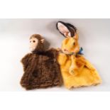 Two 1950's glove puppets by Kersa, in the form of a monkey, with factory metal tag,
