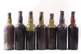 Seven bottles (un-marked) with one label for Tyler and Co 1947, bottled Fine Old Port, vintage 1938,