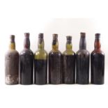 Seven bottles (un-marked) with one label for Tyler and Co 1947, bottled Fine Old Port, vintage 1938,