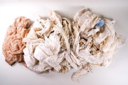 A quantity of 19th century and later lace and crochet including a night cap, scarves, trims.....