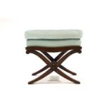 A Regency style mahogany x frame stool with drop in seat and integrated cushion,