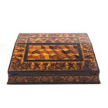 A Victorian Tunbridge ware writing slope with parquetry top, opening to reveal two inkwells,