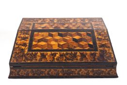 A Victorian Tunbridge ware writing slope with parquetry top, opening to reveal two inkwells,