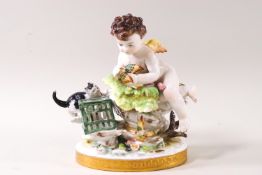 A 19th century Dresden porcelain figure of a putti holding a bird with a cat and a cage at his feet,