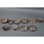 A selection of ten silver rings, plain and gemset. Size range: L to S. All marked sterling 925.