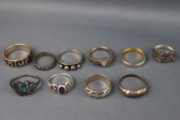 A selection of ten silver rings, plain and gemset. Size range: L to S. All marked sterling 925.