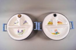 Four vintage children's plate warmers, including two Mary Mary, one Jack & Jill and one Boy Blue,