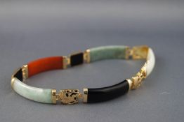 A panel bracelet designed as alternating coloured jade sections inter spaced with Chinese symbols.