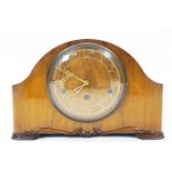 A Smiths walnut mantel clock with chiming movement, complete with key and pendulum,