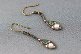 A pair of drop earrings set with diamonds, emeralds and pearls. Tests indicate silver/silver gilt.